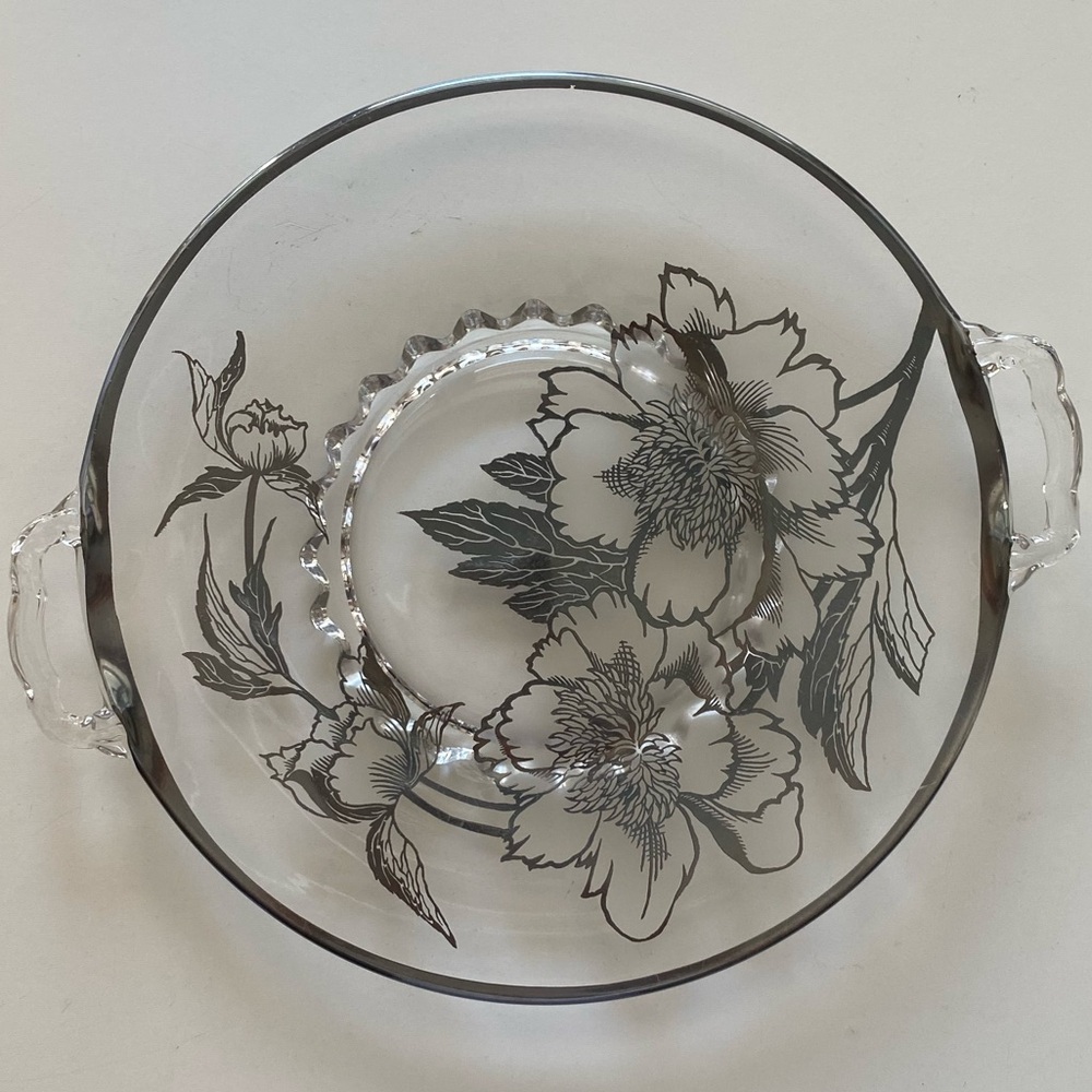 Silver City Glass Co. Vintage Silver Overlay Serving Platter Antique Snack Tray